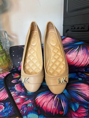 Michael Kors Beige Leather MK Logo Quilted Insole Flats